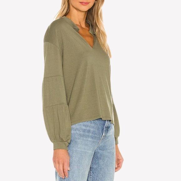 CeCe Split - Neck Puff Sleeve Blouse Olive Large - Picture 1 of 9